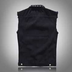 Motorcycle Enthusiasts! Want to create a layered outfit? Retro Punk Rivet Black Denim Vest is a good choice for you. Because wearing a denim vest will expose your underlying shirt or top. An elegant design denim vest, also suitable for parties, outside activities, dates, business work, and other casual occasions in all seasons. Features: 80% Cotton，20% polyester Retro Buttons front closure Turn-down collar Twin front chest pockets with stud fastening Two chest pockets, Two side pockets Note: Ple Black Denim Vest, Waistcoat Fashion, Fitted Jean Jacket, Vintage Denim Vest, Rock Style Clothing, Goth Outfit, Outfit Retro