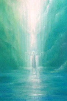 a painting of a person standing in the middle of an ocean with light coming from behind them