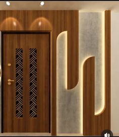 a wooden door in front of a white wall with decorative lights on it and a clock