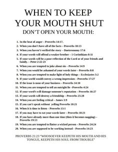 an open bible with the words when to keep your mouth shut, don't open your mouth