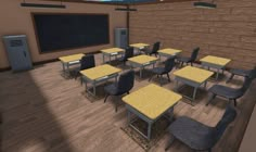 a classroom with desks and chairs in front of a chalkboard on the wall