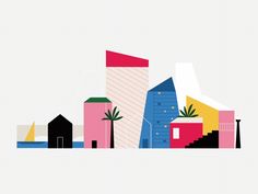 an illustration of colorful buildings and palm trees