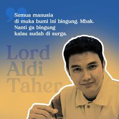 a man holding a fork and knife in front of a blue background with the words lord aid taher