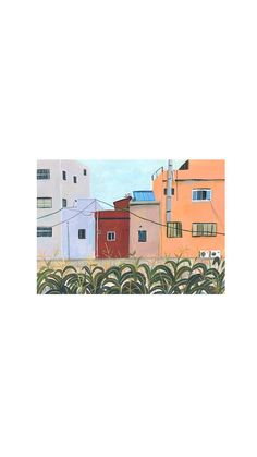 a painting of some buildings in the background