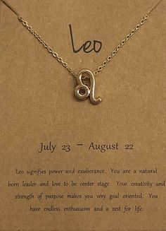 MAKE A WISH LEO ZODIAC PENDANT NECKLACE WITH CARD LEO:  The Lion JULY 23-AUGUST 22 "Leo signifies power and exuberance.  You are a natural born leader and love to be center stage.  Your creativity and strength of purpose makes you very goal oriented.  You have endless enthusiasm and a zest for life." **PLEASE NOTE, DUE TO COLOR CALIBRATION OF DIFFERENT COMPUTER MONITOR SETTINGS, COLOR MAY BE SLIGHTLY DIFFERENT. PICTURE IS ALSO ENLARGED TO SHOW DETAIL. PLEASE READ ACTUAL MEASUREMENTS BELOW.** -ad Leo Zodiac Necklace, Born Leader, Goal Oriented, Man Gay, Any Pronouns, Leo The Lion, Zodiac Pendant Necklace, Zest For Life, Lion Pendant