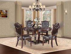 a dining room table with chairs and a chandelier