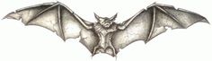 a black and white drawing of a bat with wings spread out, on a white background