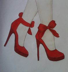 a drawing of a woman's red high heeled shoe with a bow on the ankle