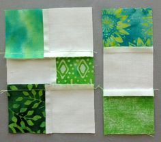 four blocks of fabric with green and white designs on them, each piece has different colors