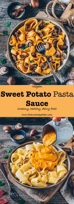 sweet potato pasta with mushrooms and parmesan cheese in a bowl on a wooden table