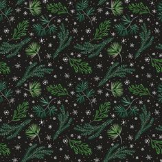 a black background with green leaves and snowflakes