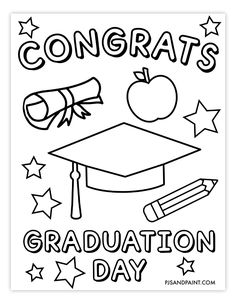 congratulations card with an apple, graduation cap and stars in black ink on white paper