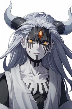 an anime character with long hair and horns