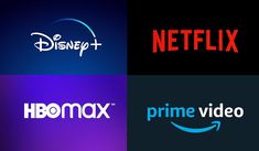 four different logos for netflix, disney plus and prime video