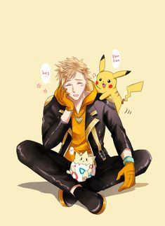 a person sitting on the ground with a pokemon pikachu in their lap and an eep behind them