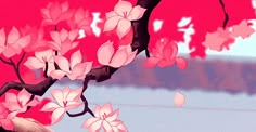 a painting of pink flowers on a tree branch with water in the backround