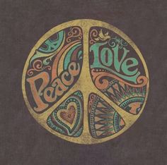 a peace sign with the words love and peace written in different colors on top of it