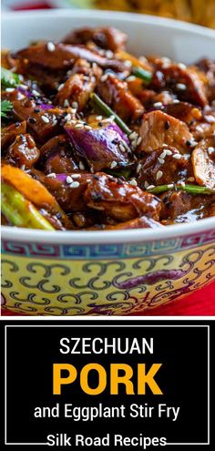 an eggplant pork stir fry in a bowl