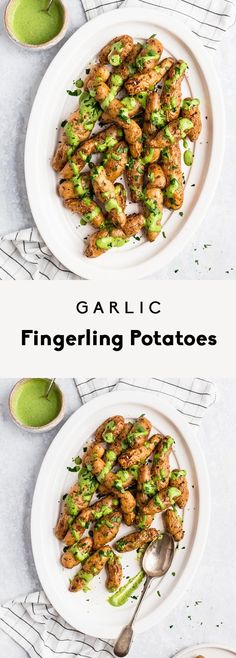 two white plates filled with fried vegetables on top of each other and the words garlic fingerling potatoes above them