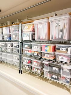 Two images that show before and after transformation of a storage are. The storage area has metal racks that are holding clear bins with labels. Everything is very organized Bin Organization, Storage Area, Home Office, Wall