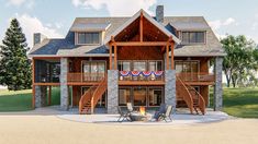 a rendering of a house with an american flag on the front porch and second story balcony