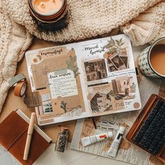 an open book with pictures on it next to a cup of coffee and other items