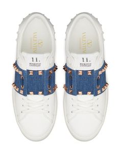 Find VALENTINO Rockstud Untitled Leather Sneakers on Editorialist. Valentino Ready To Wear white/indigo blue calf leather smooth grain gold-tone Rockstud detailing denim strap logo patch at the tongue round toe slip-on style branded insole rubber outsole Valentino Sneakers, Valentino Rockstud, Leather Cap, Sneaker Wedge, Beach Tote Bags, Pump Sandals, Elevate Your Style, Lace Boots, Handbag Backpack