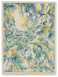 an abstract painting with blue, green, yellow and orange colors on white paper that looks like waves