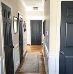 an empty hallway with two black doors and a white rug on the hardwood flooring