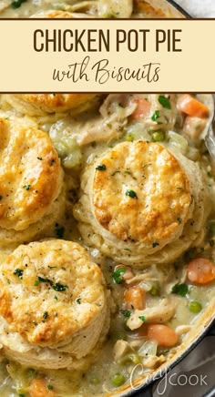 chicken pot pie with biscuits in a skillet