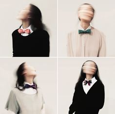 four different images of a woman's face with hair blowing in the wind and wearing a bow tie