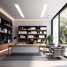 an office with lots of bookshelves and chairs in front of a large window