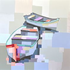 an abstract painting of a boat with multiple colors and shapes on it's body