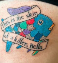 this is the skin of a killer, bela tattoo on someone's stomach