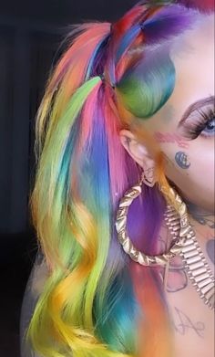 Bedazzled Bottle, Colored Hairstyles, Wild Hair Color, Rainbow Braids, Rainbow Wig, Arctic Fox Hair Color, Girl Hair Colors, Rave Hair, Rainbow Hair Color