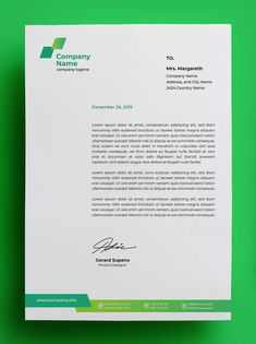 a green and white business letterhead on a green background