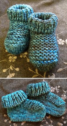 two pictures of blue knitted slippers sitting on top of a bed next to each other