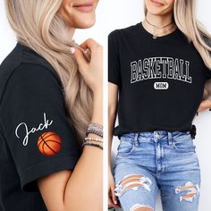 two photos of a woman with blonde hair wearing a black basketball mom t - shirt