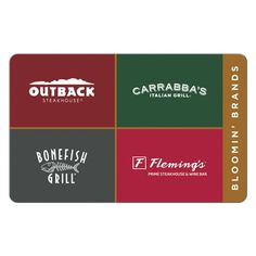 four different types of food and drink labels on a white background with the words outback steakhouse, caribba's italian grill,