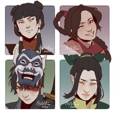 four anime avatars with different facial expressions and hair styles, each wearing a mask