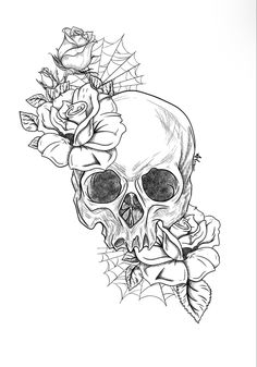 a drawing of a skull with roses on it