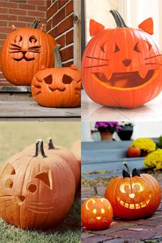 three pumpkins with faces carved into them