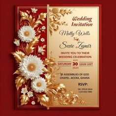 an elegant wedding card with flowers and gold foil on red paper, in the style of art deco