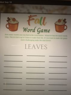 a sign that says fall word game leaves