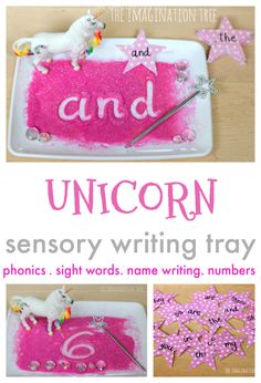 an unicorn writing tray with pink letters and stars on it, along with instructions to write the