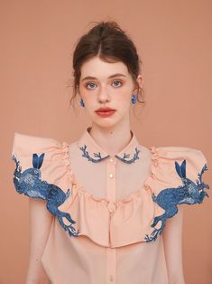 blue rabbit embroidery collar blouse – remulia Rabbit Embroidery, Embroidery Collar, Blue Rabbit, Collar Blouse, Mode Inspiration, Embroidered Blouse, Night Sky, Look Fashion