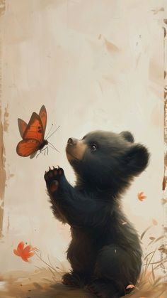 a painting of a bear holding a butterfly in it's mouth while sitting on its hind legs