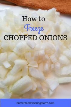 chopped onions on a white plate with text overlay