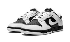 The Nike Dunk Low “Reverse Panda” is a colorway of the retro basketball shoe that flips the color block of its popular “Panda” design.  As its name suggests, the “Reverse Panda” Dunk Low reverses the “Panda’s” color scheme.  The shoe is complete with a black tumbled leather base with contrasting white leather overlays and Swoosh branding.  Black “Nike” embroidery is found on the white leather heel tab.  Classic “Nike” and Swoosh logos appear on the tongue.  The shoe’s two-tone, white-and-black l Nike Dunk Low Reverse Panda, Dunk Nike, Panda Shoes, Retro Basketball Shoes, Dr Shoes, Basket Style, All Nike Shoes, Popular Sneakers, Blue Ivy