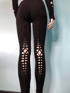 PLEASE READ: Info on Sizing, Shipping, Waistband Selection & more! *Slit Weave is one of the original designers of hand-cut and braided clothing. We strive to provide high quality pieces that will last a long time! It’s always our goal to design clothes that are both comfortable and sexy, so you Diy Leggings, Cut Up T Shirt, Cut Shirt Designs, Diy Cut Shirts, Cutout Shirts, Fringe Clothing, Black Lace Fabric, Cut Leggings, Diy Braids